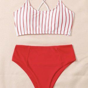 Striped Lace Up Back Bikini Swimsuit